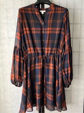 Sandy & Sid Rust Navy Sheer Plaid Waist-Tie Dress Billowy Sleeves Fully Lined